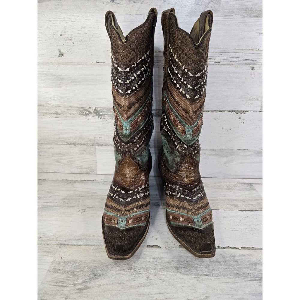 Corral Women's Brown Turquoise Studded Woven Leather Snip Toe Cowboy Boots 8M